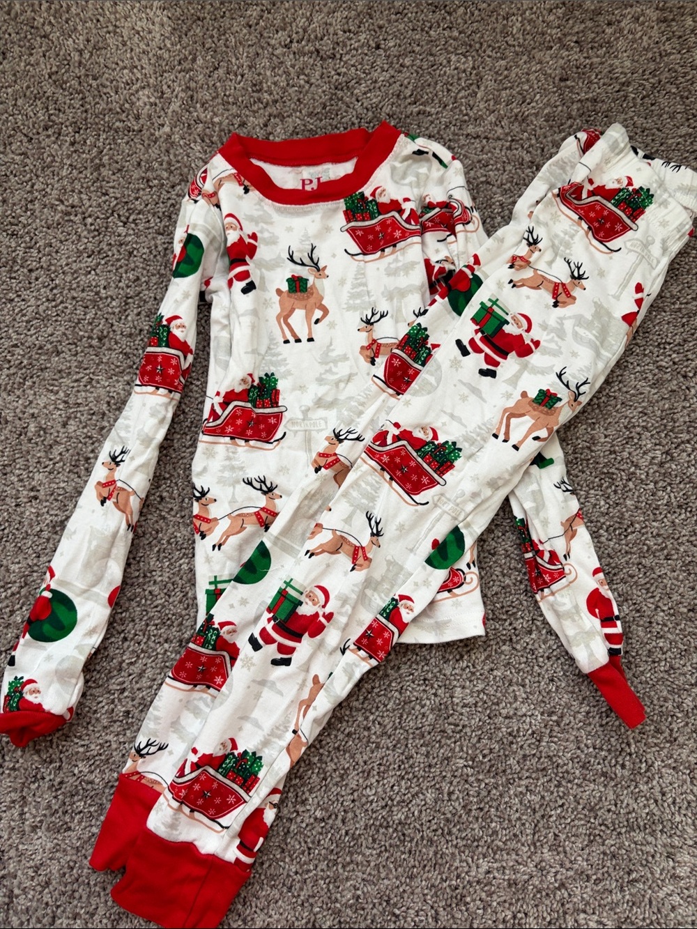 Place Kids White Holiday Pajama Set with Red Trim and Santa Reindeer Print